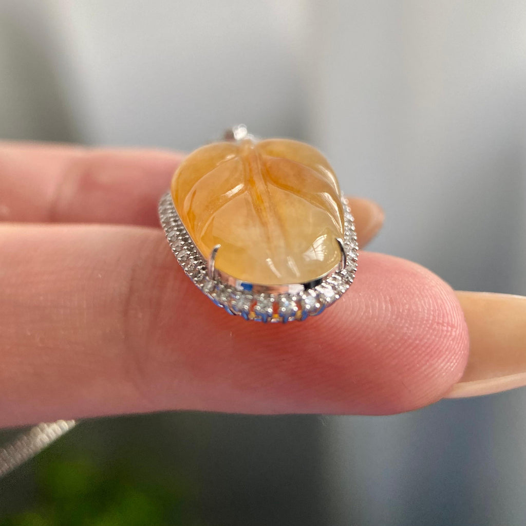 18k金钻镶冰种黄翡玉叶吊坠（yc219270）