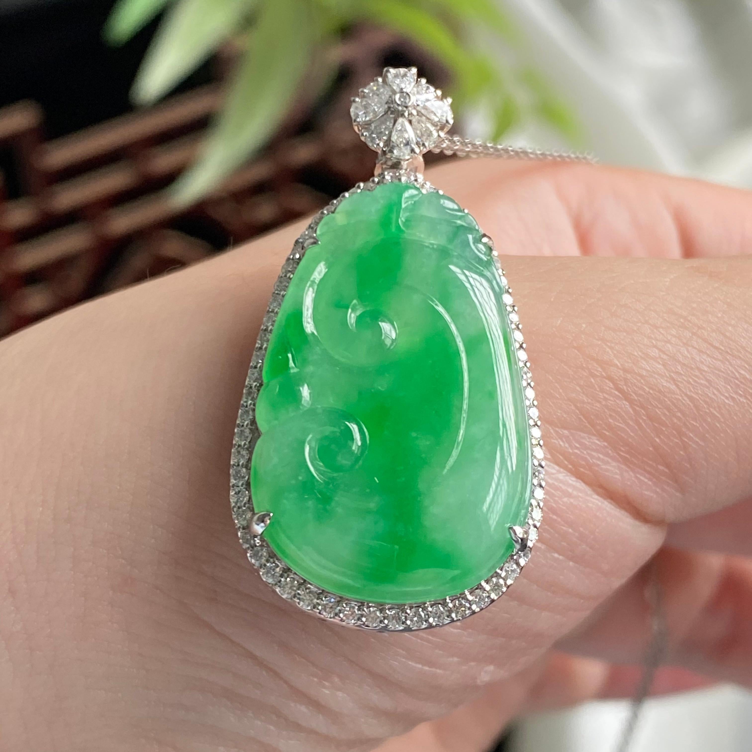 18k金钻镶冰种满绿如意吊坠（yc197330）