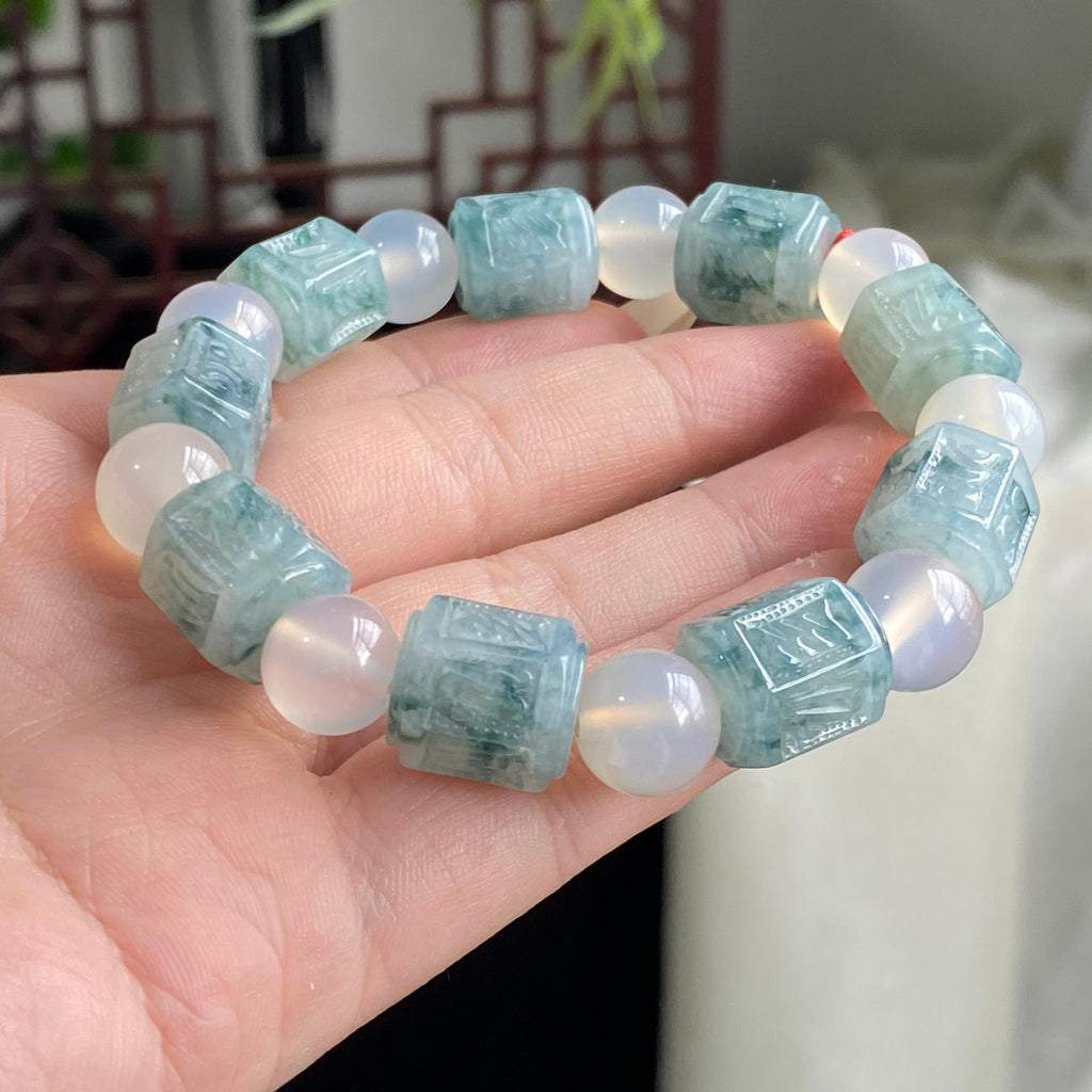 糯冰种飘花六字真言单圈手串（yc196880）