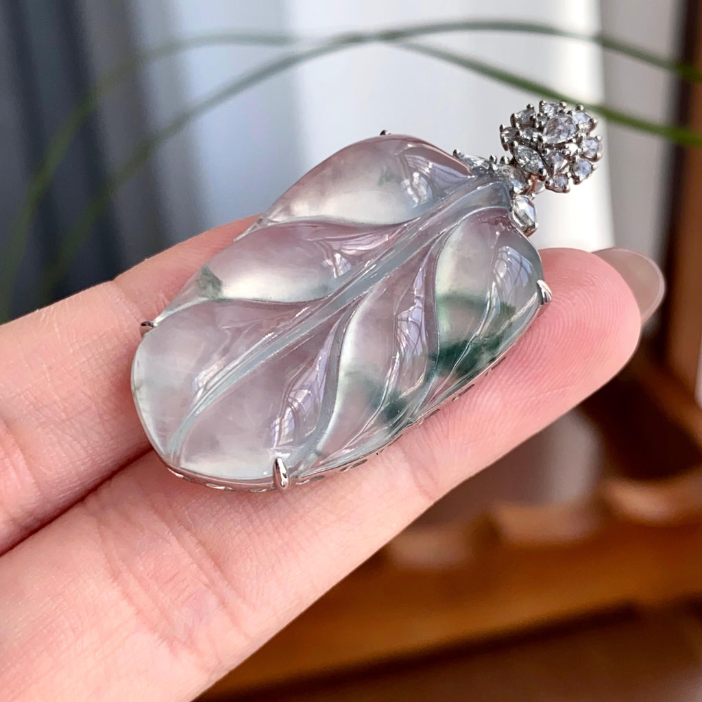 18k金钻镶冰种飘花玉叶吊坠（yc256099）