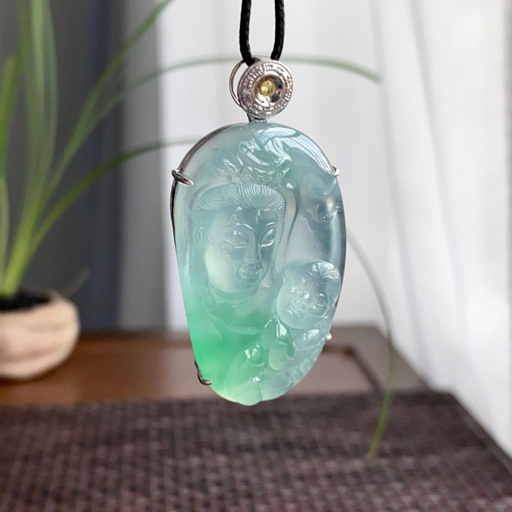 18k金钻镶冰种飘花送子观音吊坠（yc250320）