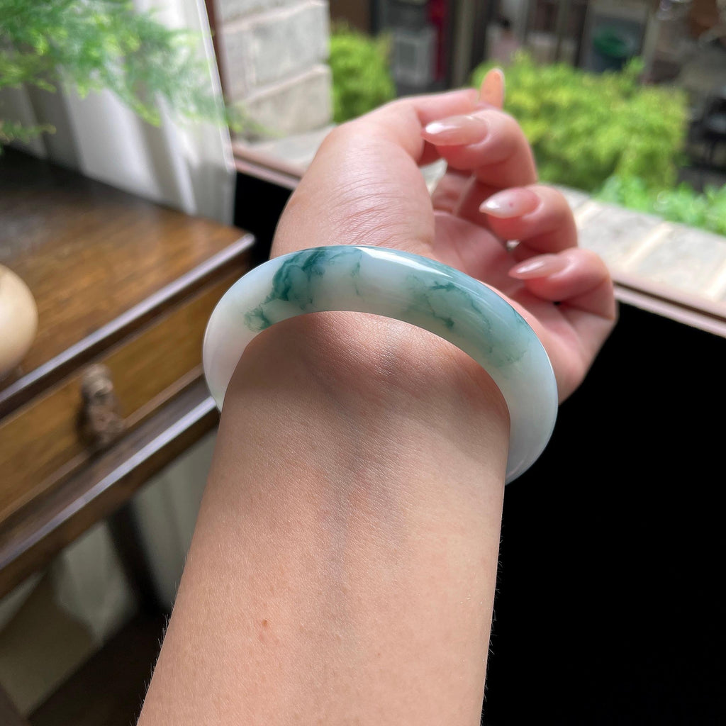 细糯种蓝飘花正圈平安镯 56圈 天然缅甸A货翡翠（yc696431）