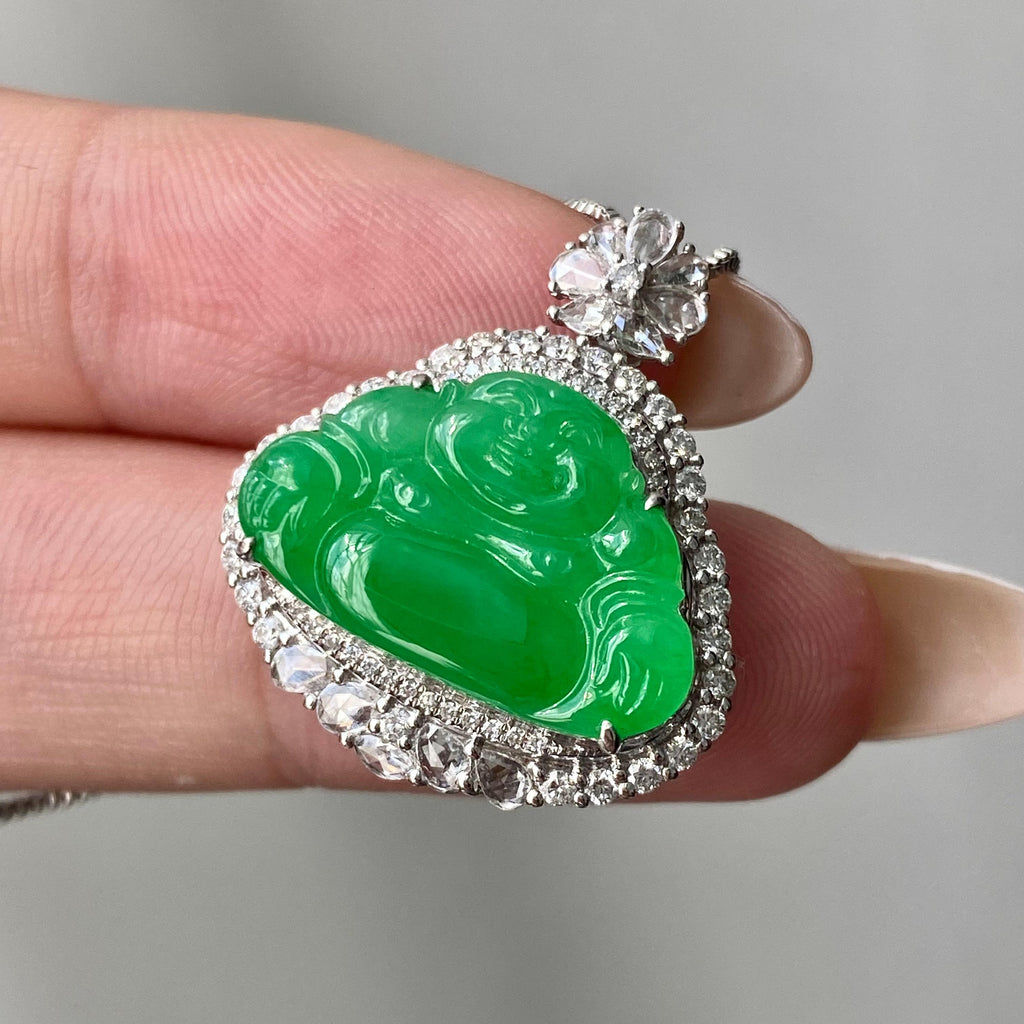 18k金钻镶冰种满绿佛公吊坠（yc204857）