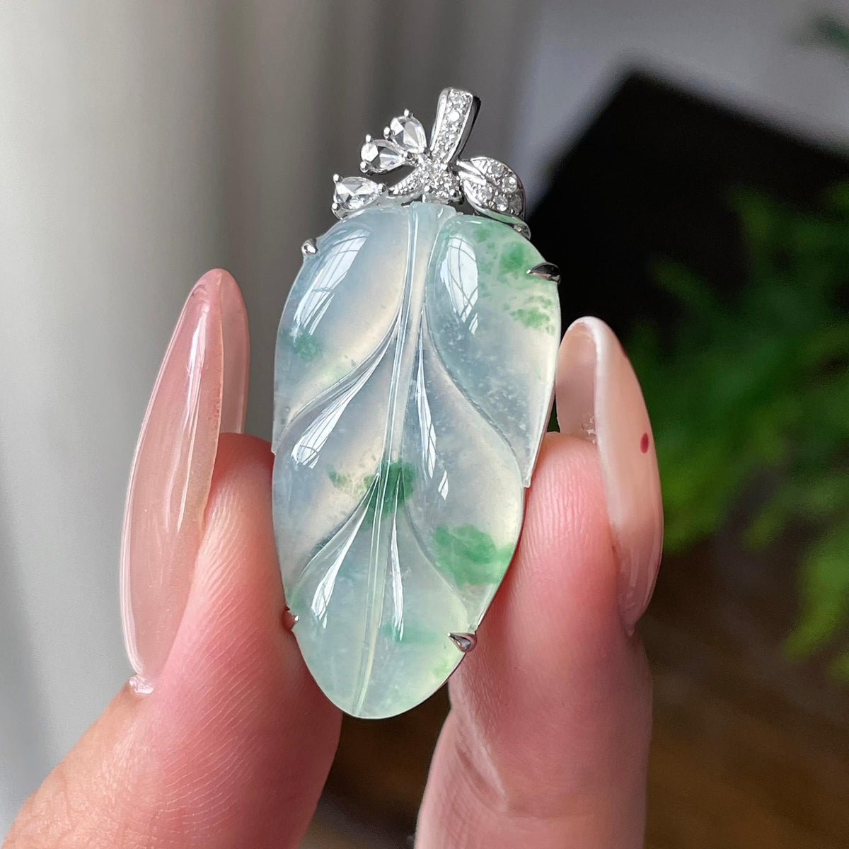 18K金镶冰飘花叶子吊坠 天然缅甸A货翡翠（yc701116）