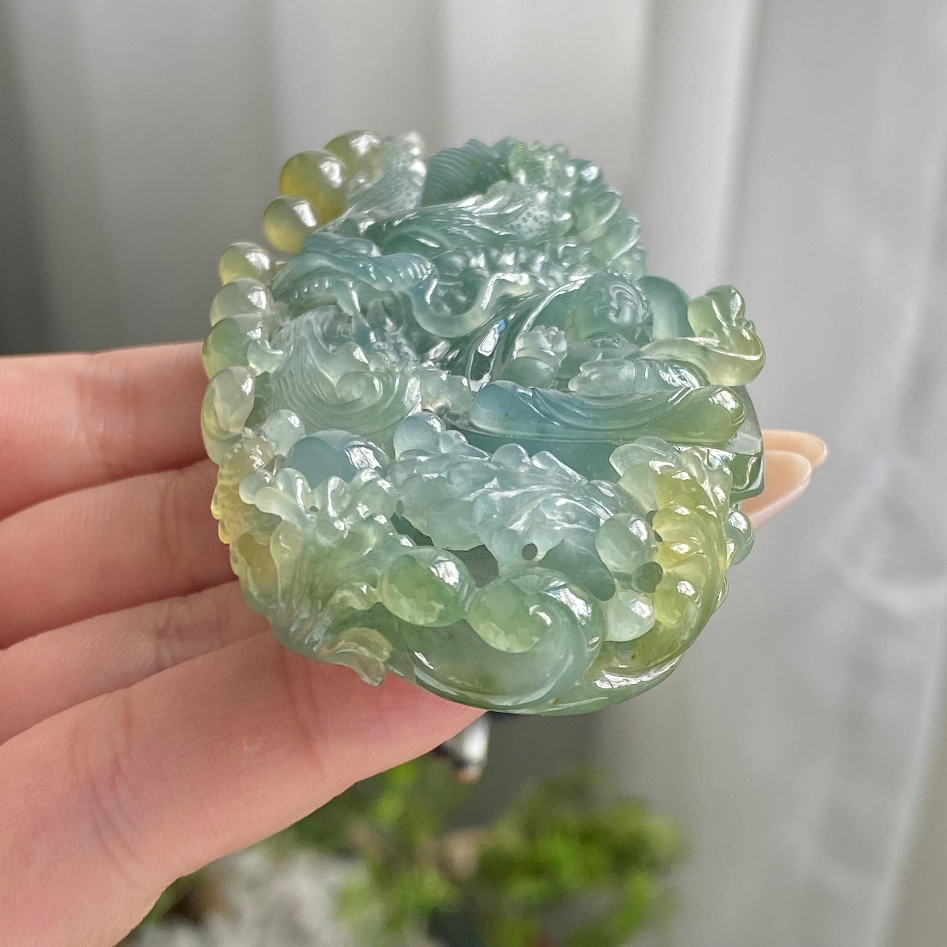 糯冰种双彩神龙护主牌吊坠（yc214691）