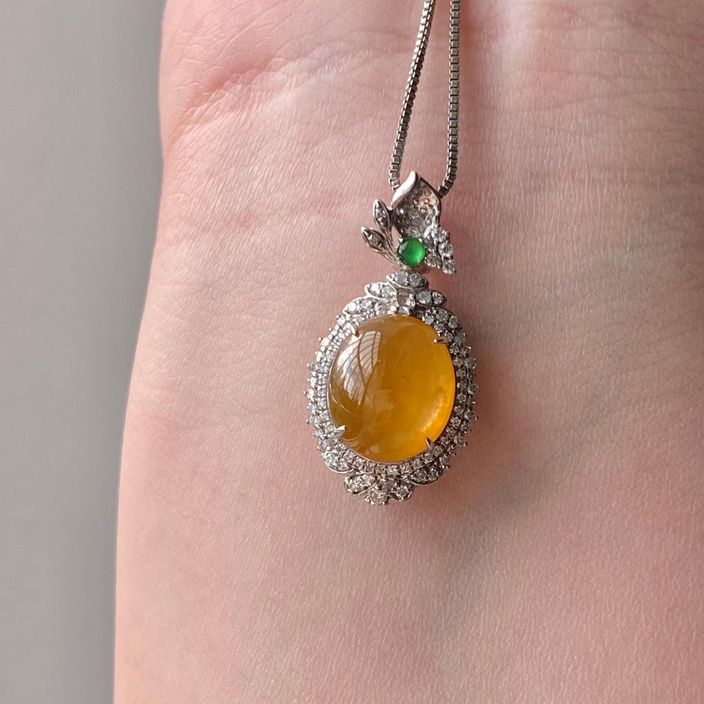 18k金钻镶冰种黄翡蛋面吊坠（yc204916）