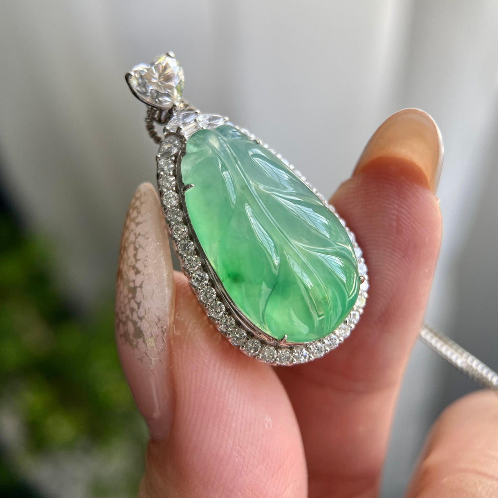 18k金钻镶冰种飘花玉叶吊坠（yc217131）