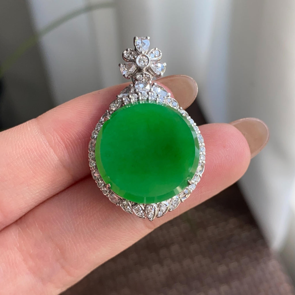 18k金钻镶冰种阳绿圆牌吊坠（yc264961）