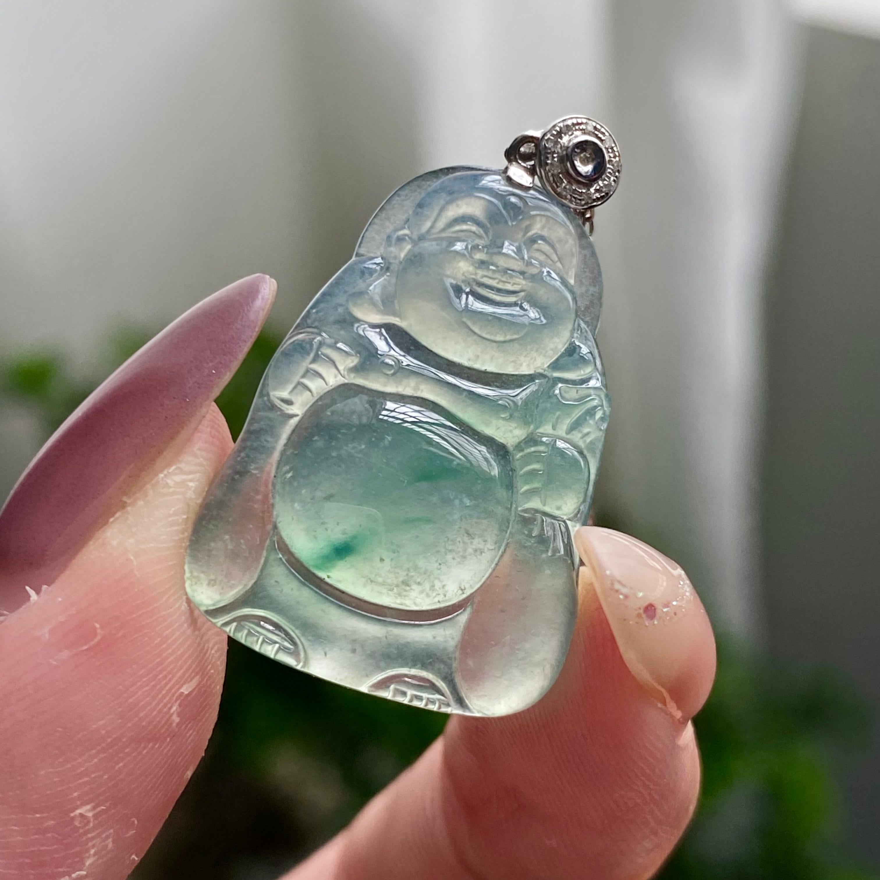 18k金钻镶冰玻种飘花佛公吊坠（yc200429）