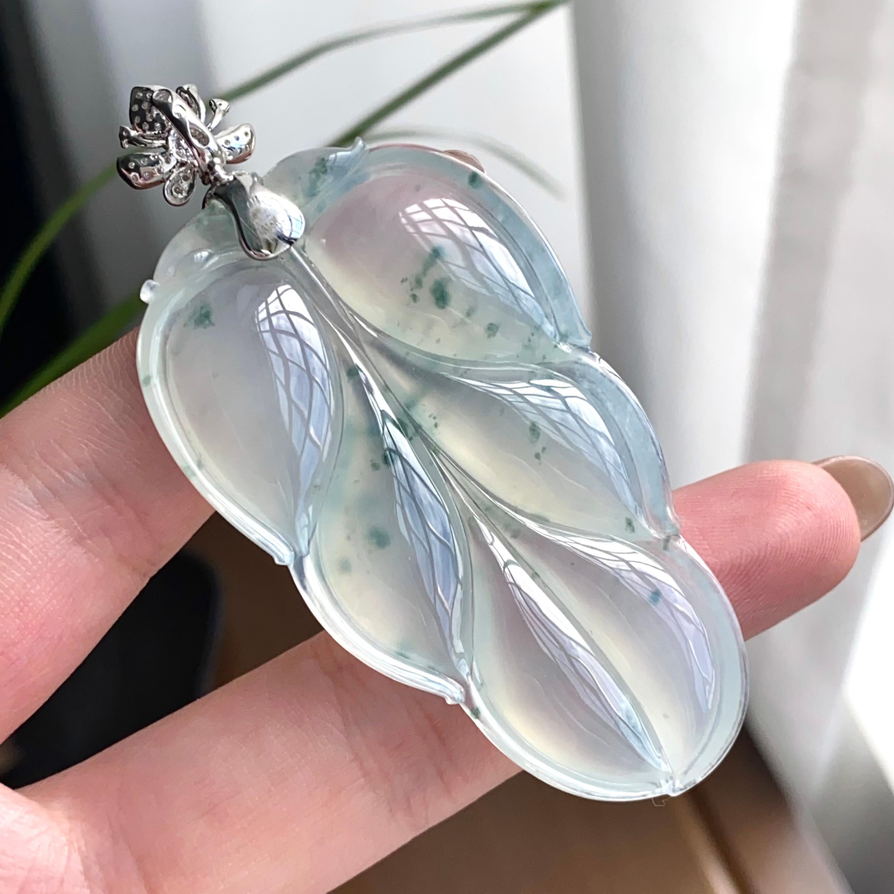 18k金钻镶冰种飘花玉叶吊坠（yc262745）