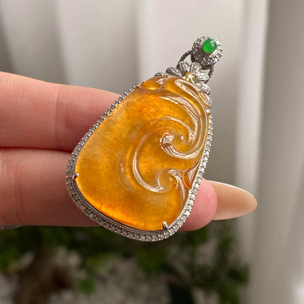 18k金钻镶冰种黄翡如意吊坠（yc206747）