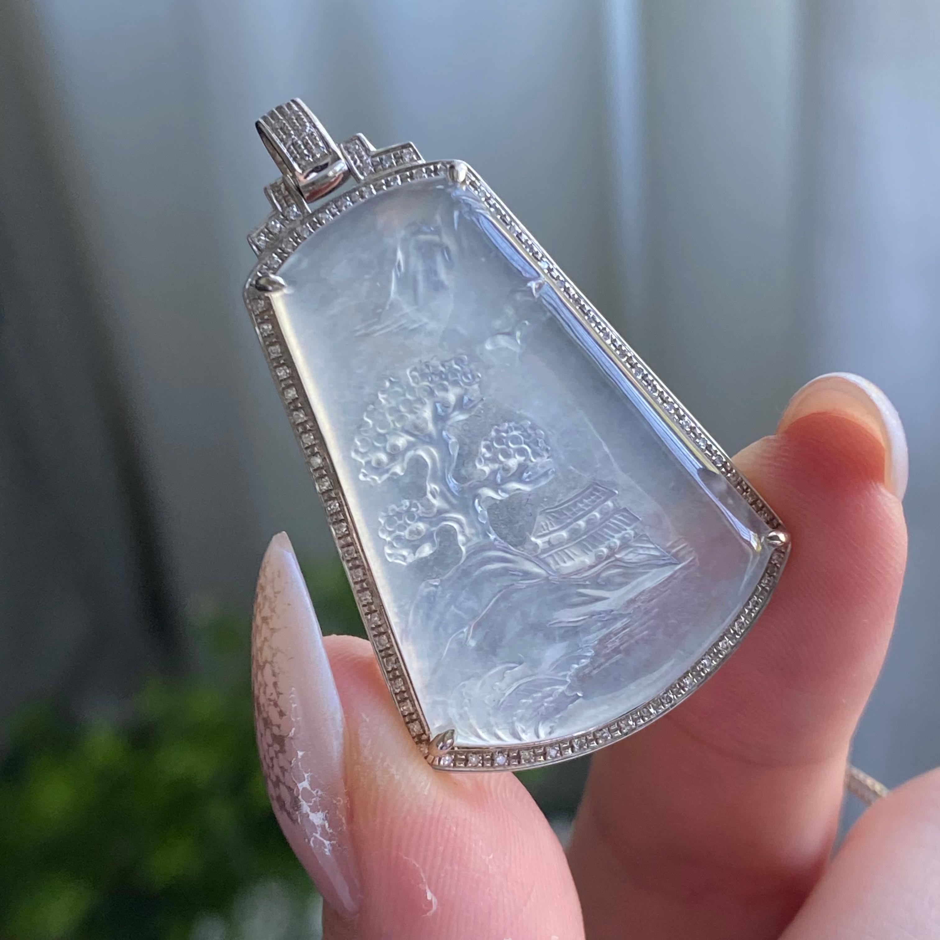 18k金钻镶冰种白月光山水牌吊坠（yc205093）