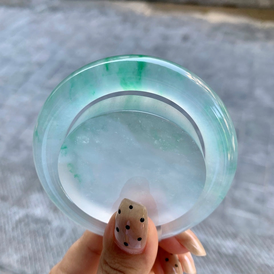 高冰飘绿翡翠圆条手镯镯心一套（52.8mm）（yc025803）