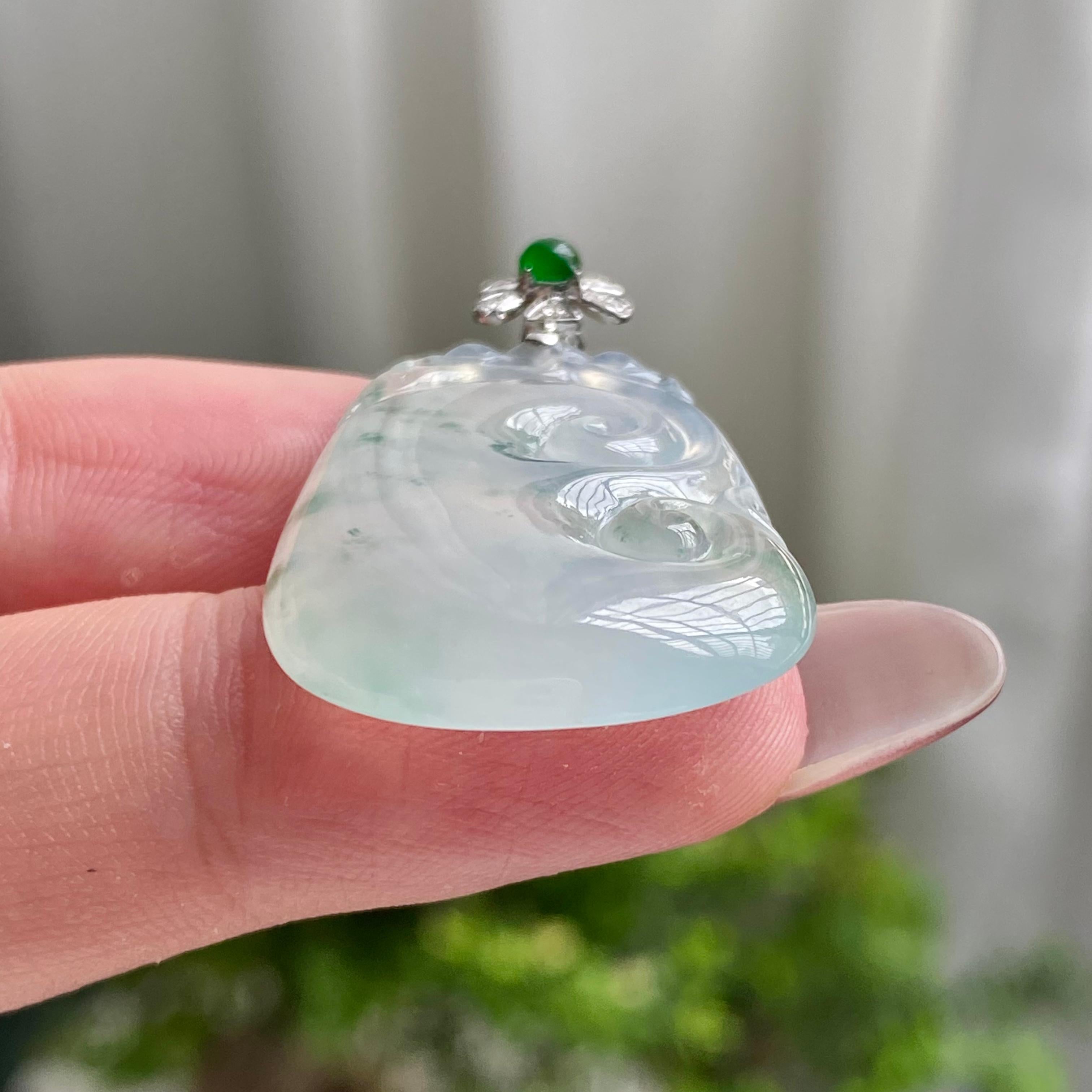 18k金钻镶冰种飘花如意吊坠（yc200952）