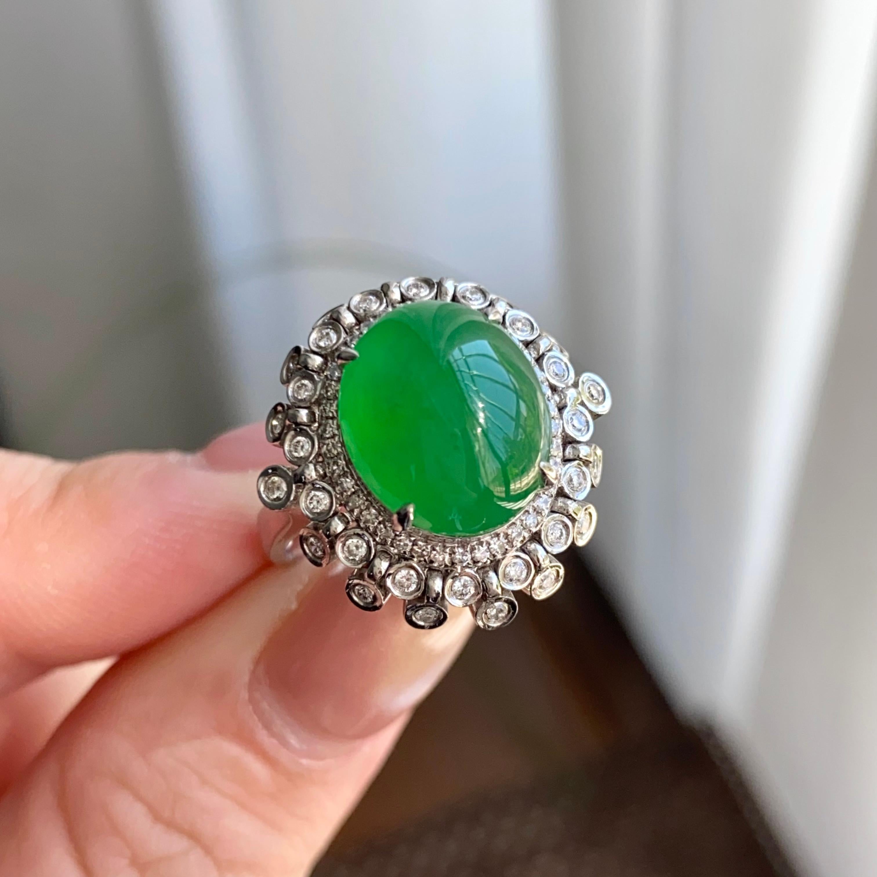 18k金钻镶冰种满绿蛋面戒指（yc264994）