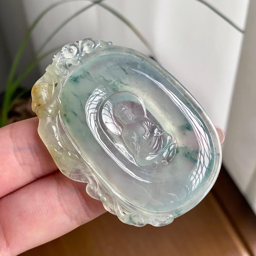 冰种黄加绿飘花佛牌吊坠（yc260833）