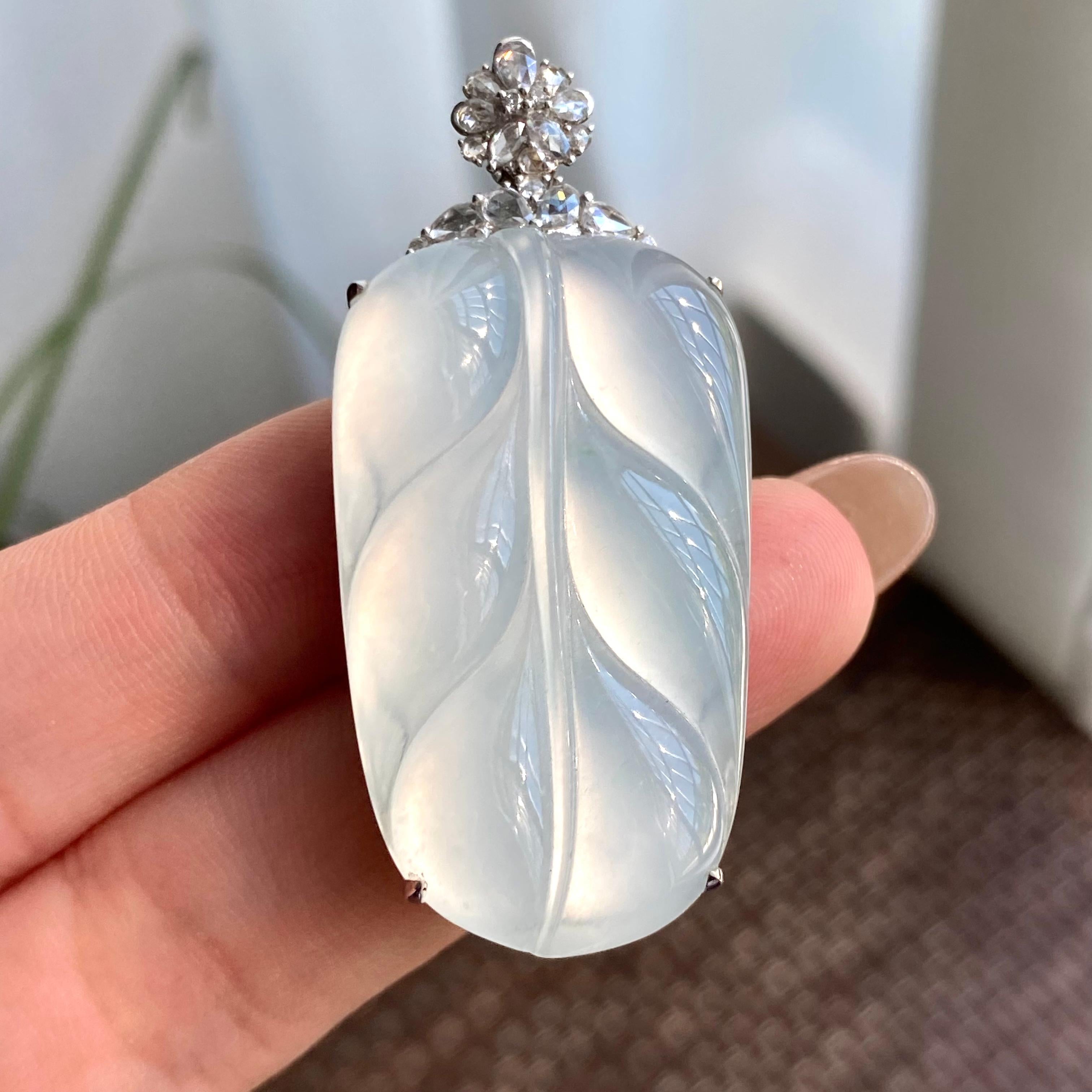 18k金钻镶冰种白月光玉叶吊坠（yc266179）