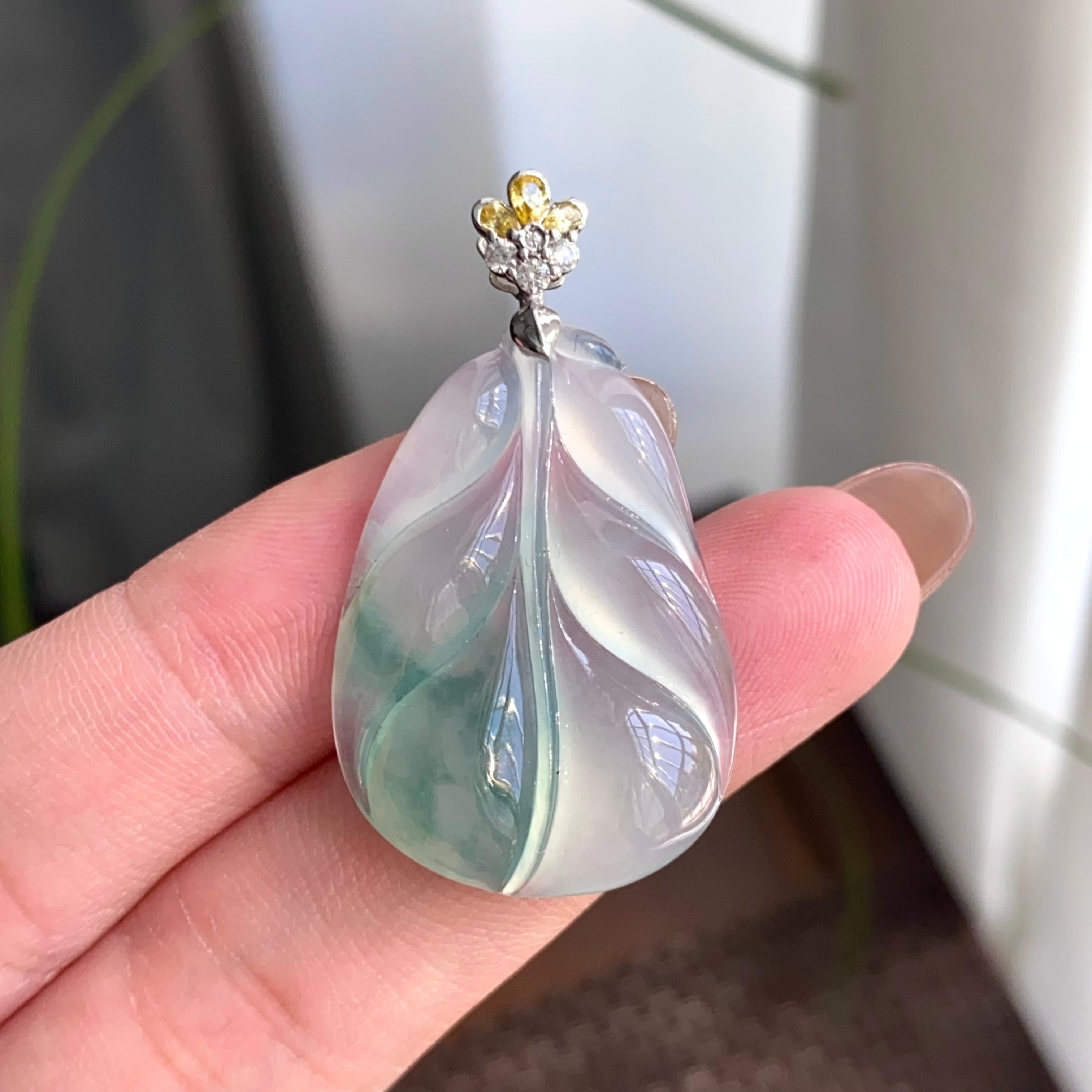 18k金钻镶冰种飘花玉叶吊坠（yc263896）