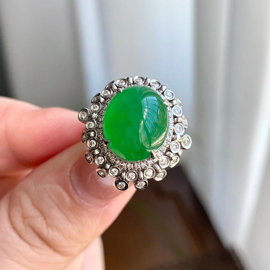 18k金钻镶冰种满绿蛋面戒指（yc264994）