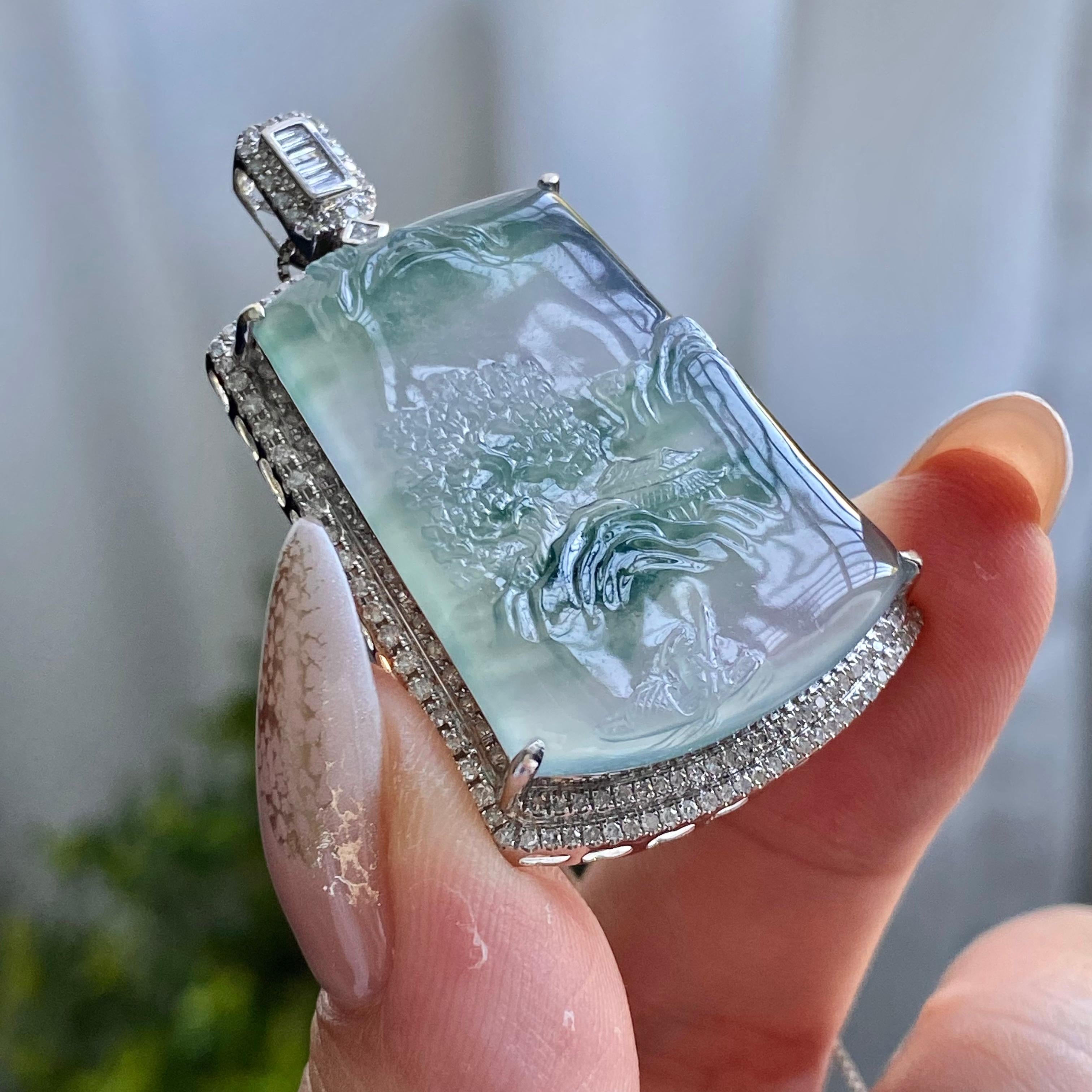 18k金钻镶冰种飘花山水牌吊坠（yc205075）