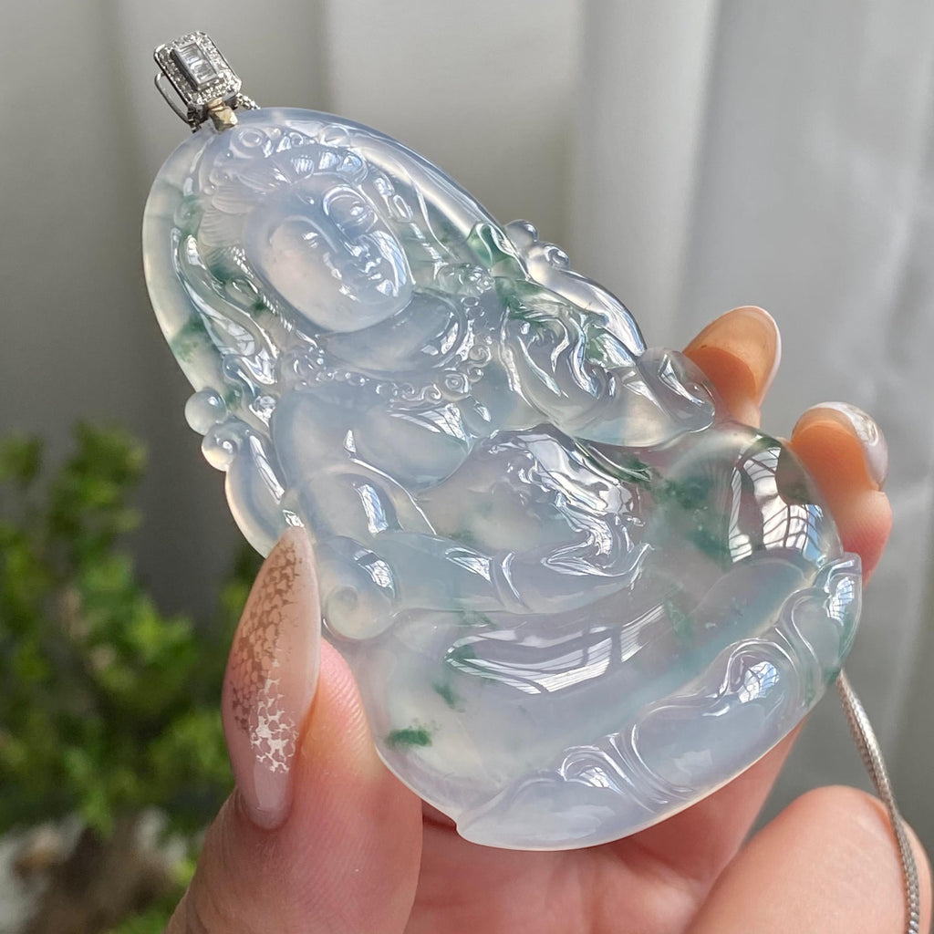 18k金钻镶冰种飘花观音吊坠（yc214689）