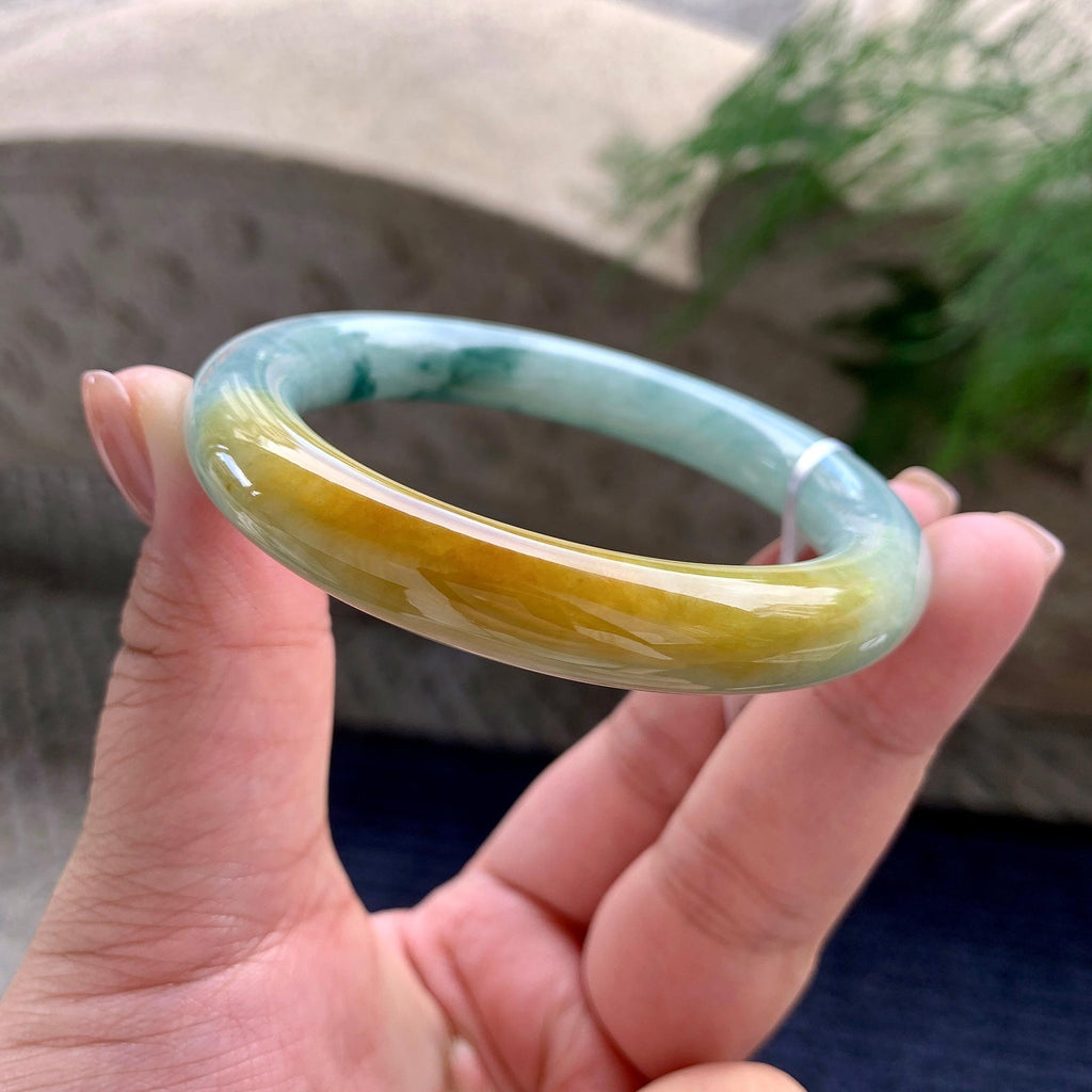细糯种黄翡飘蓝花圆条手镯 54.3圈口 天然缅甸A货翡翠（yc701219）