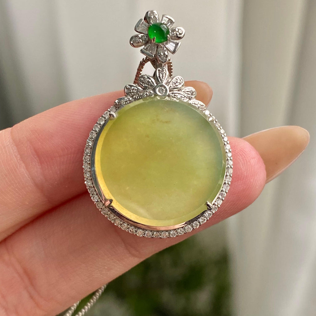 18k金钻镶冰种黄翡圆牌吊坠（yc206764）