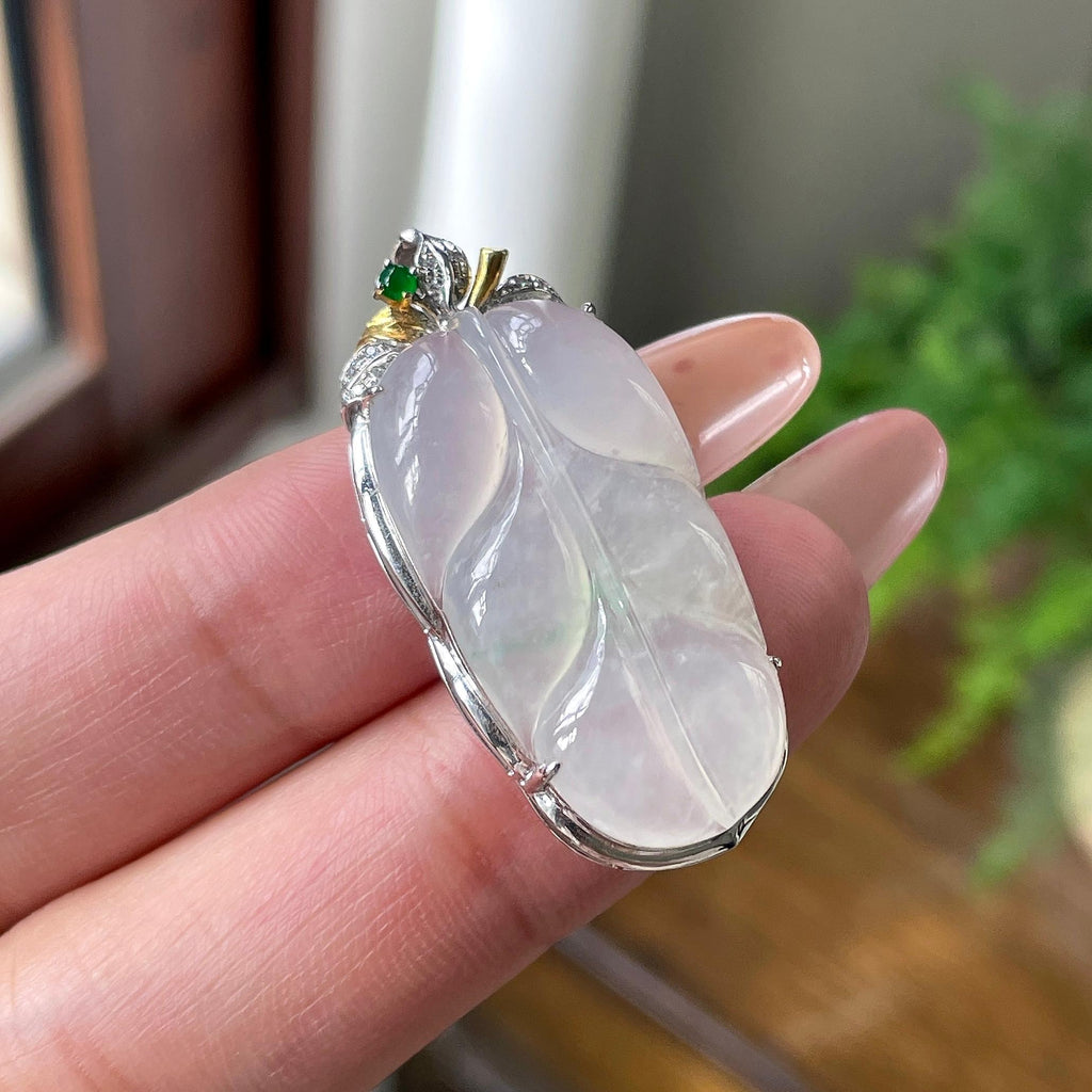 18K金镶冰种无色飘绿叶子吊坠 天然缅甸A货翡翠（yc701118）