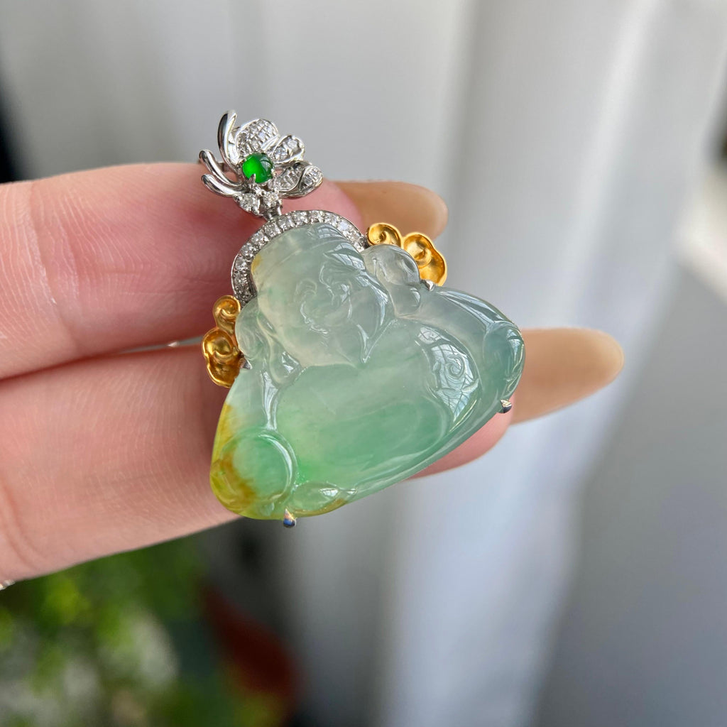 18k金钻镶冰种黄加绿财神吊坠（yc217114）