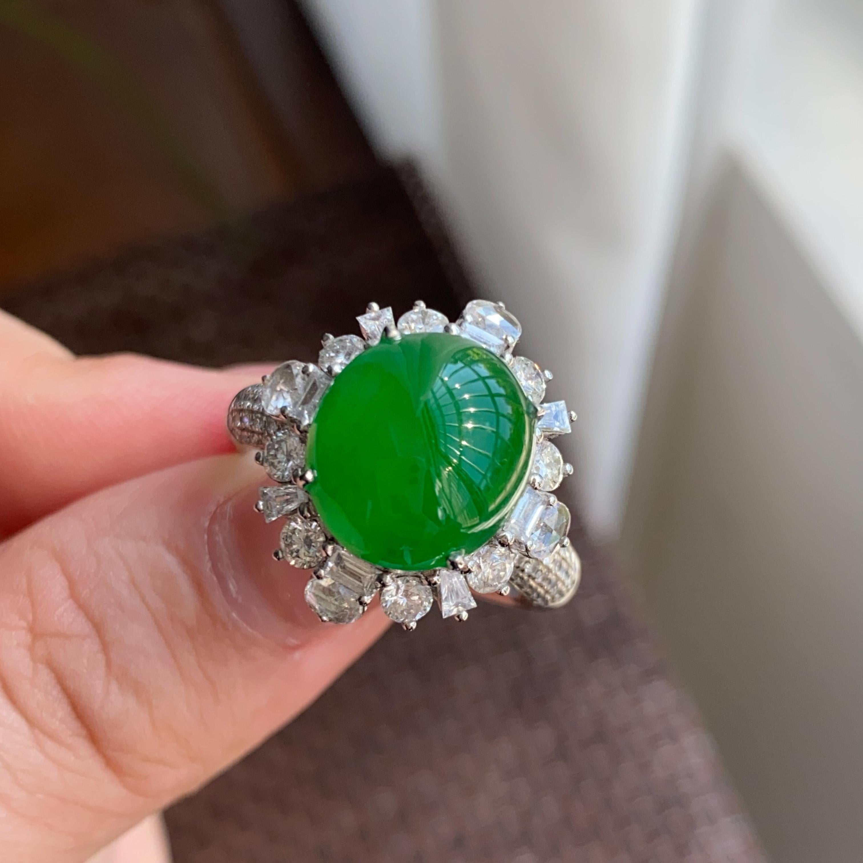 18k金钻镶冰种阳绿蛋面戒指（yc264995）