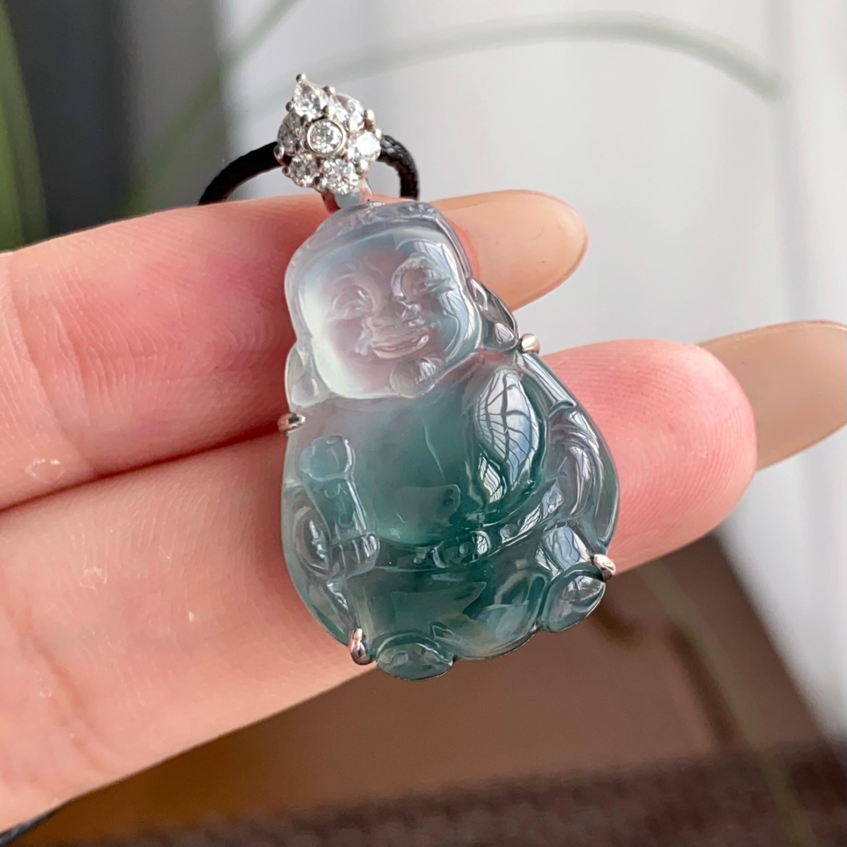 18k金钻镶冰种飘蓝财神吊坠（yc250173）