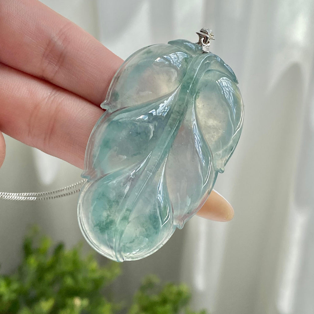 18k金钻镶冰种飘花玉叶吊坠（yc214465）