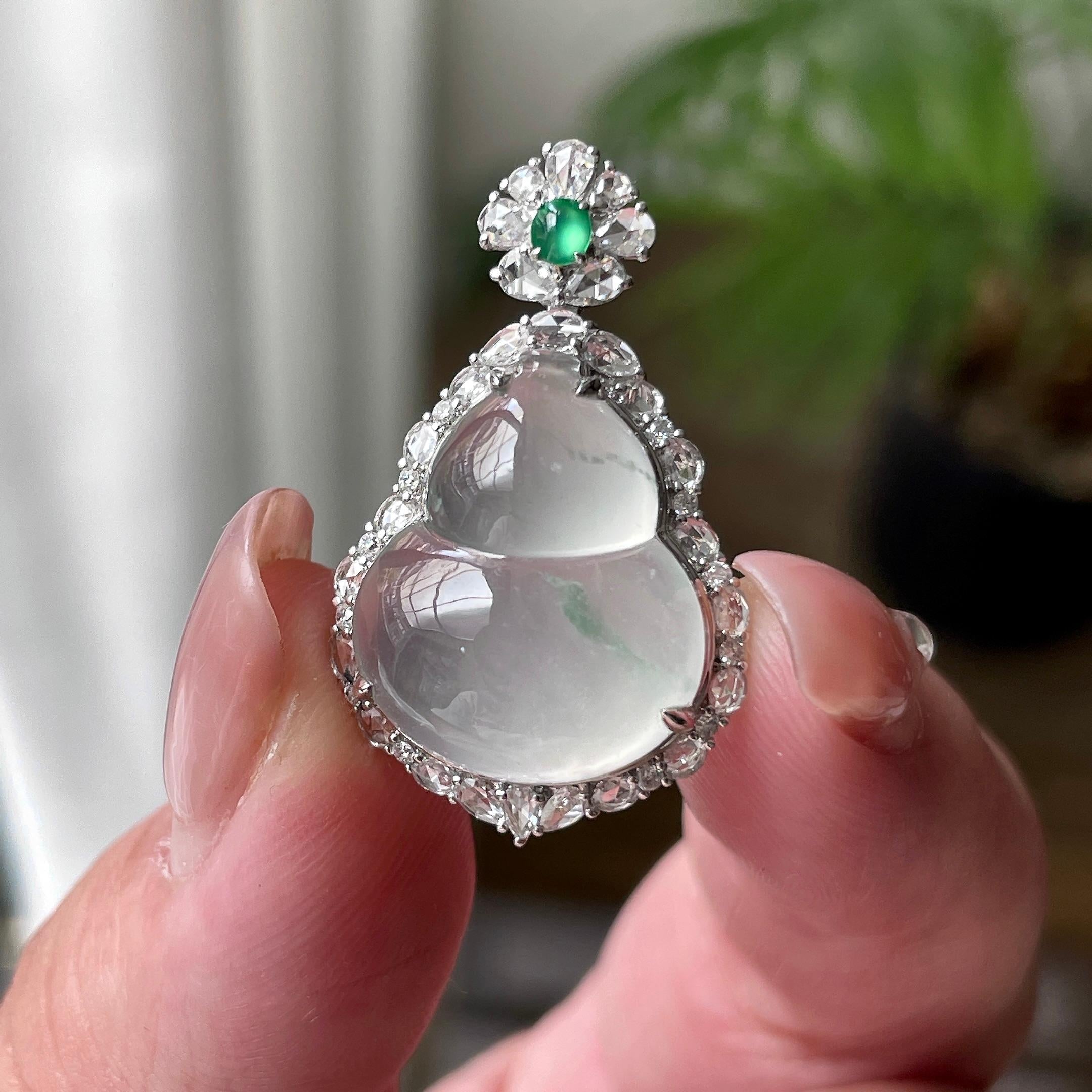 18K金钻镶冰种飘蓝花葫芦吊坠 天然缅甸A货翡翠（yc527787）