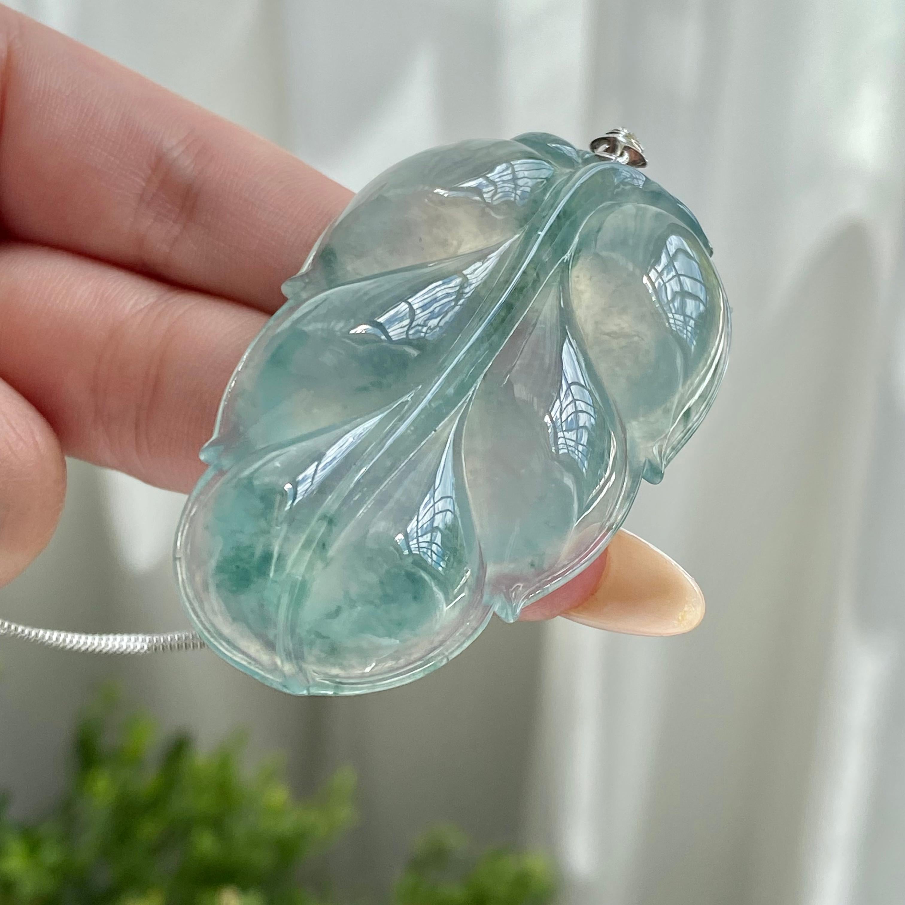 18k金钻镶冰种飘花玉叶吊坠（yc214465）