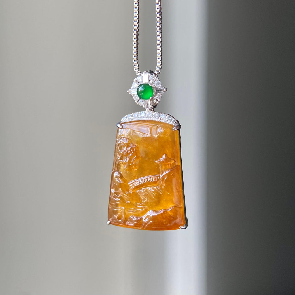 18k金钻镶冰种黄翡山水牌吊坠（yc216834）