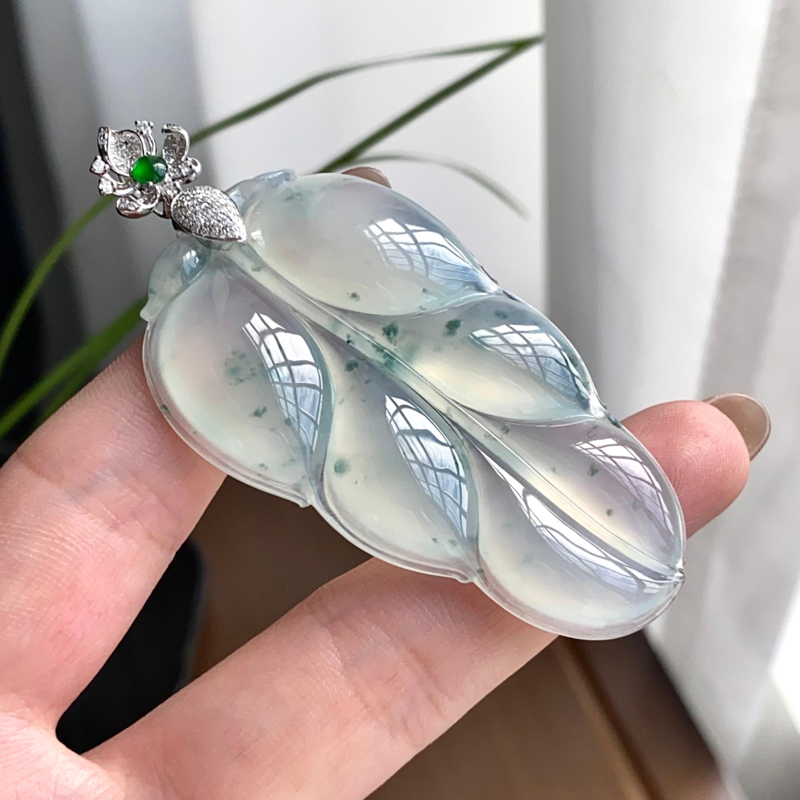 18k金钻镶冰种飘花玉叶吊坠（yc262745）