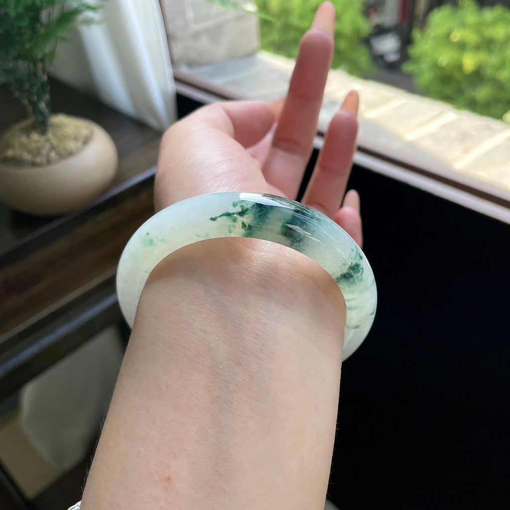 糯冰种绿飘花正圈平安镯 57圈 天然缅甸A货翡翠（yc693134）