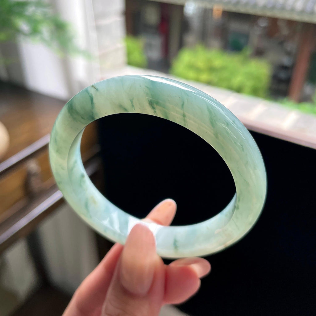 细糯种绿飘花正圈平安镯 53.5圈 天然缅甸A货翡翠（yc696412）