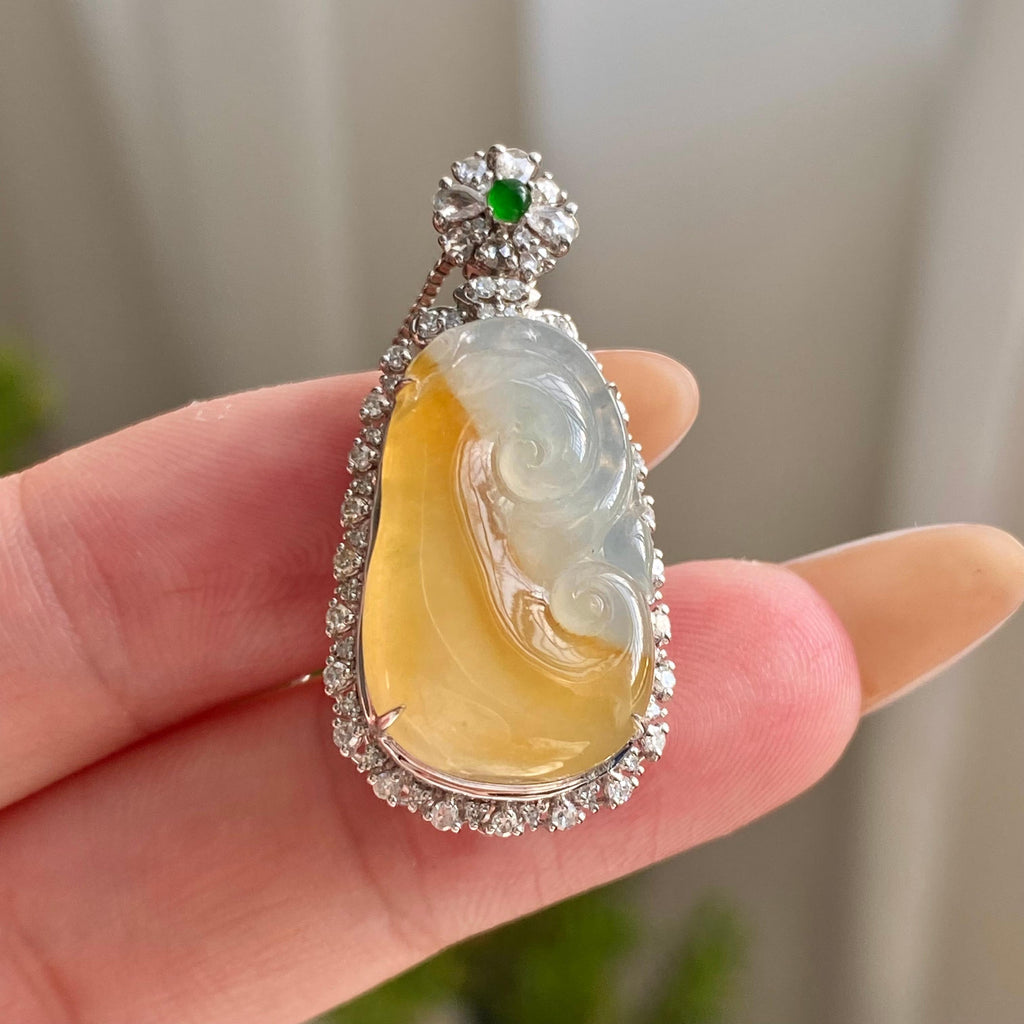 18k金钻镶冰种黄翡如意吊坠（yc216830）