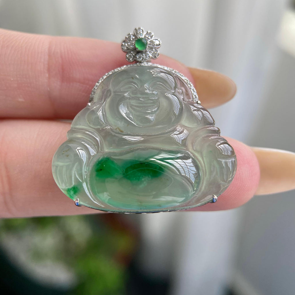 18k金钻镶冰种飘花佛公吊坠（yc217219）