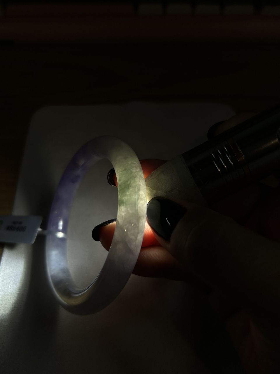 糯冰种紫罗兰飘绿花圆条手镯（58.5mm）（yc172328）