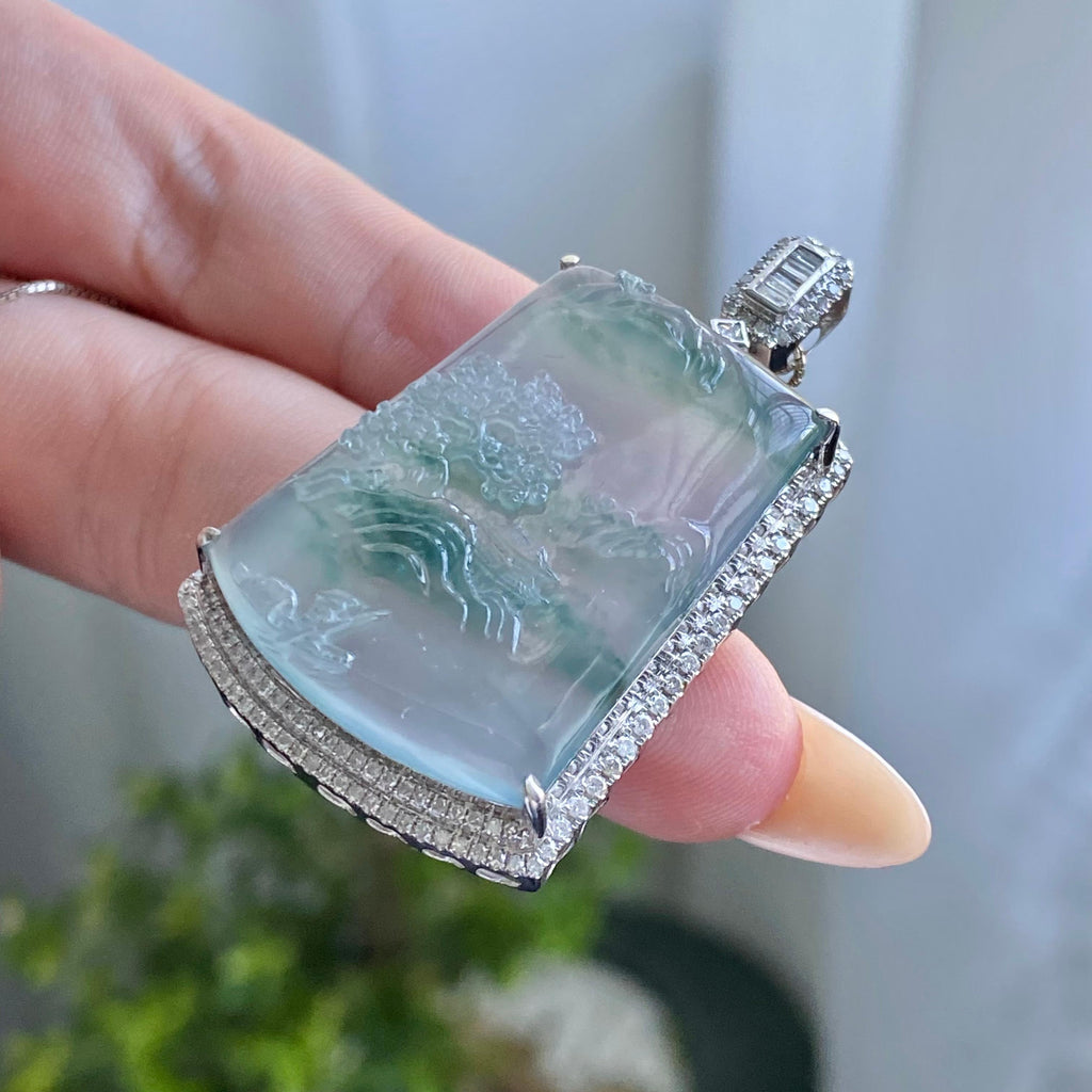 18k金钻镶冰种飘花山水牌吊坠（yc205075）