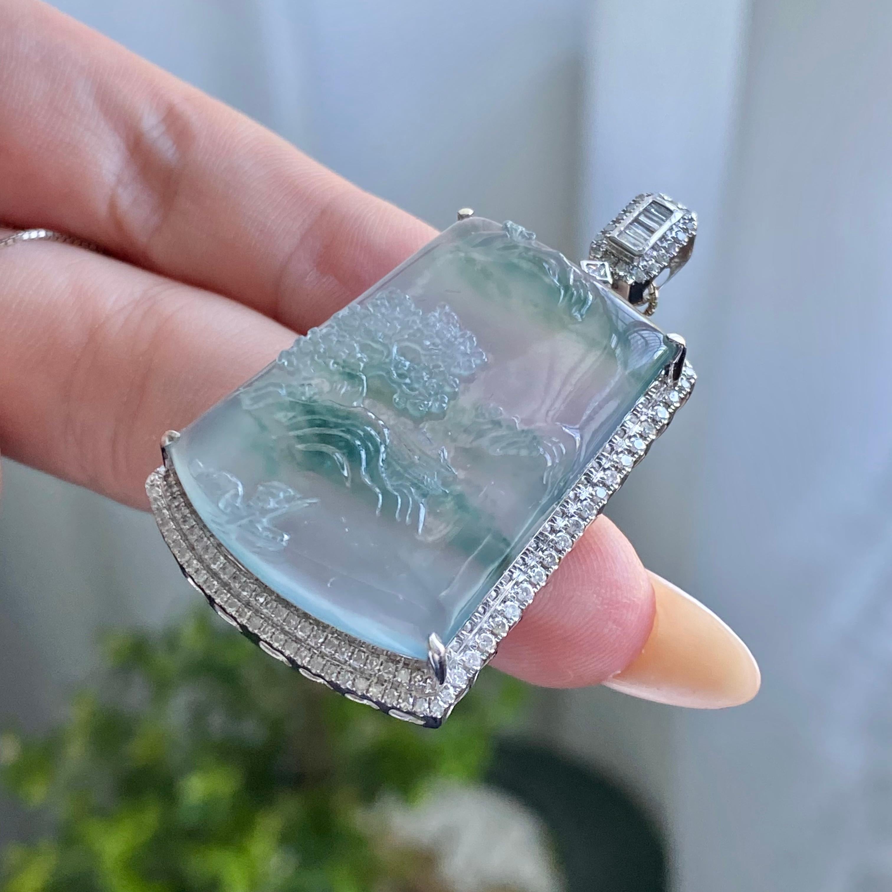 18k金钻镶冰种飘花山水牌吊坠（yc205075）