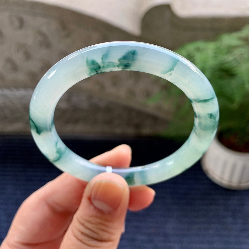 糯冰种飘蓝花圆条手镯（52mm）（yc080286）