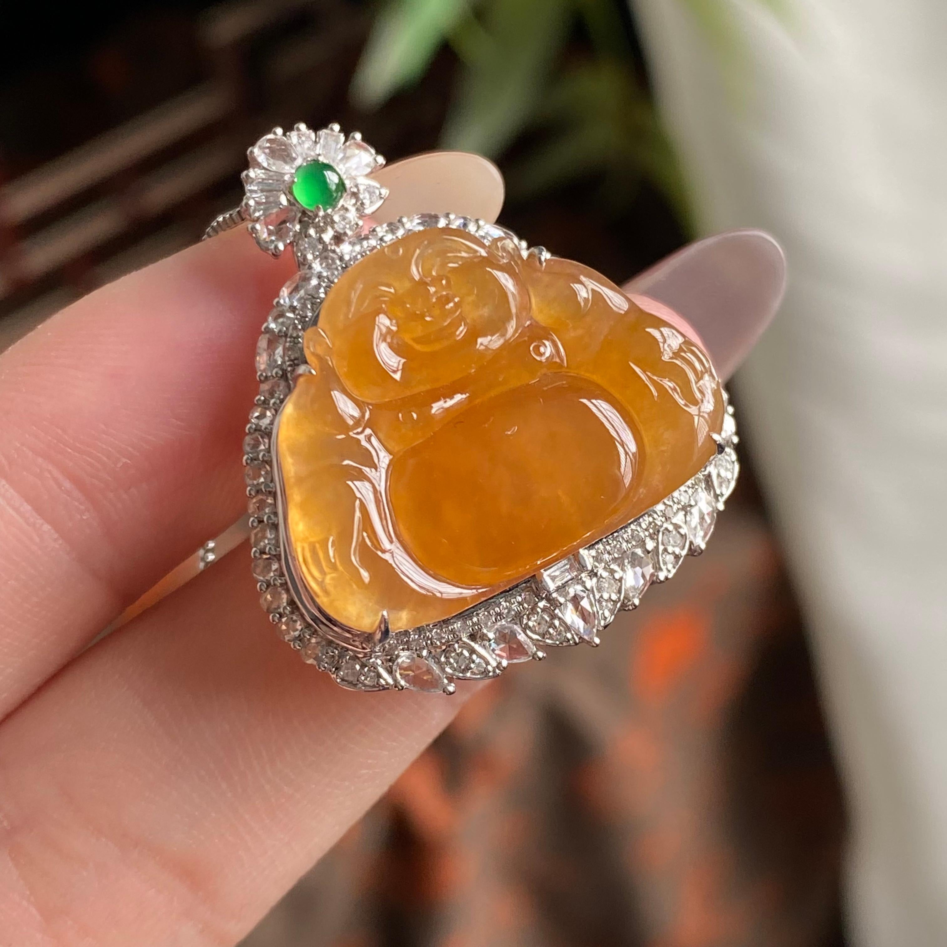 18k金钻镶冰种黄翡佛公吊坠（yc195159）