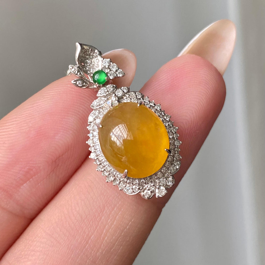 18k金钻镶冰种黄翡蛋面吊坠（yc204916）