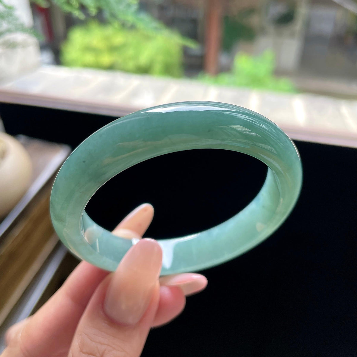 小圈口 细糯种油青色湖水绿正圈平安镯 52圈 天然缅甸A货翡翠（yc693162）