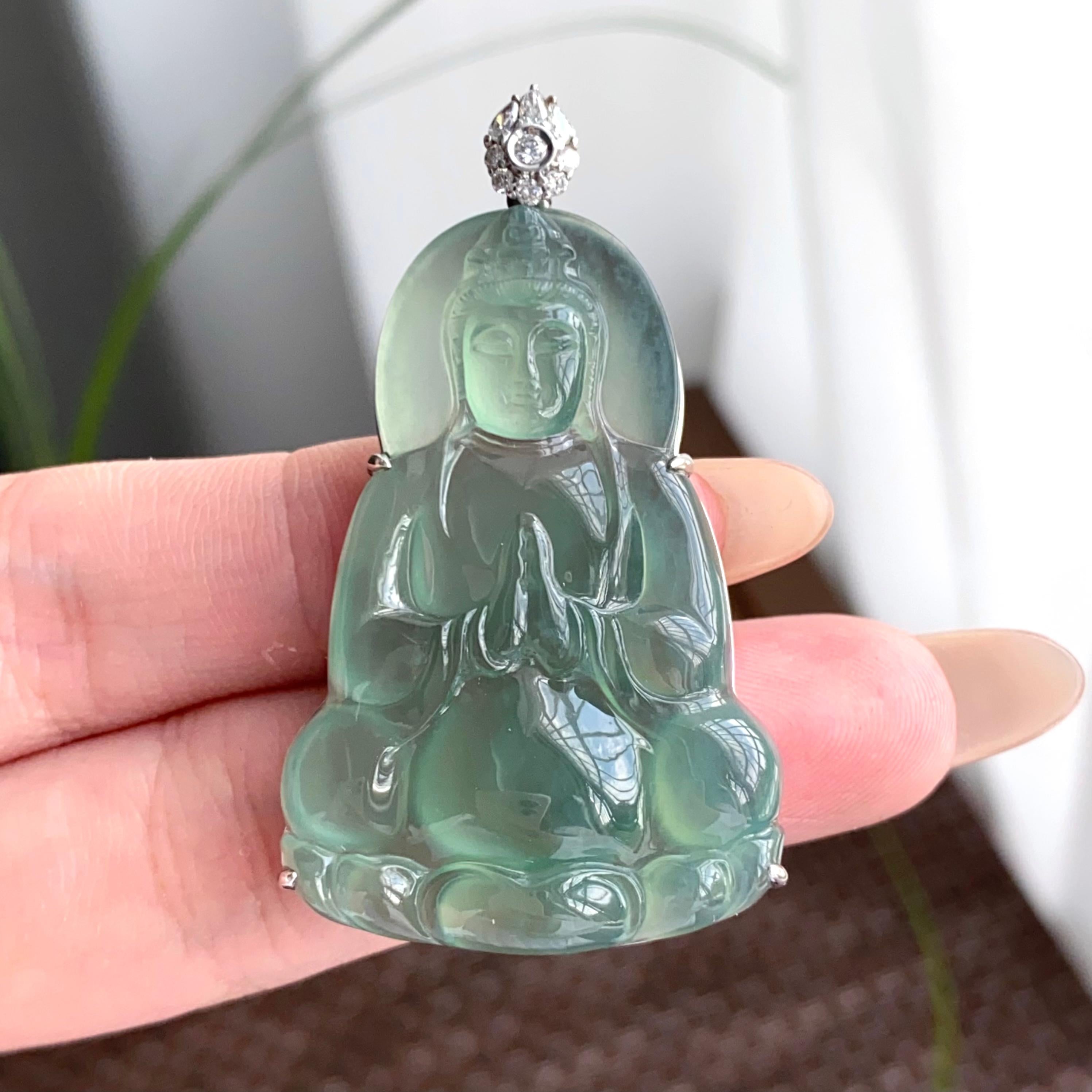 18k金钻镶冰种湖水绿观音吊坠（yc250195）