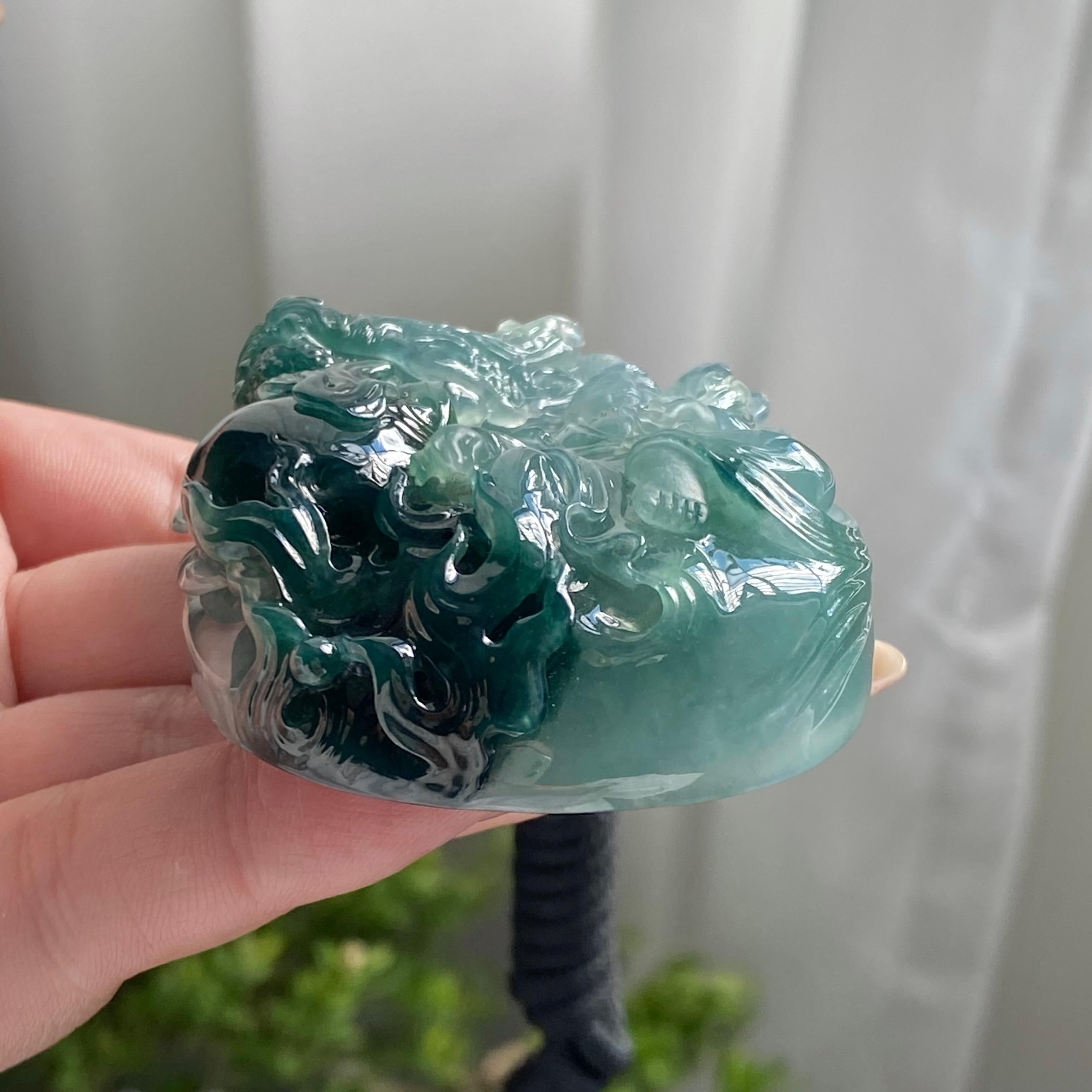 糯冰种蓝底神龙护主牌吊坠（yc214703）