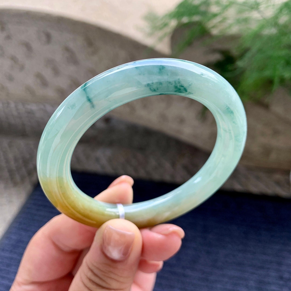 细糯种黄翡飘蓝花圆条手镯 54.3圈口 天然缅甸A货翡翠（yc701219）